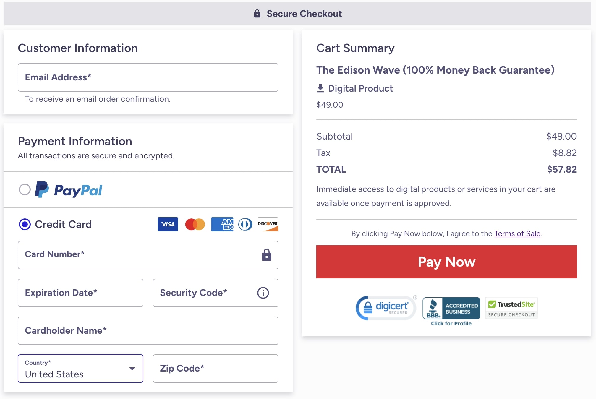 The Edison Wave Checkout Page